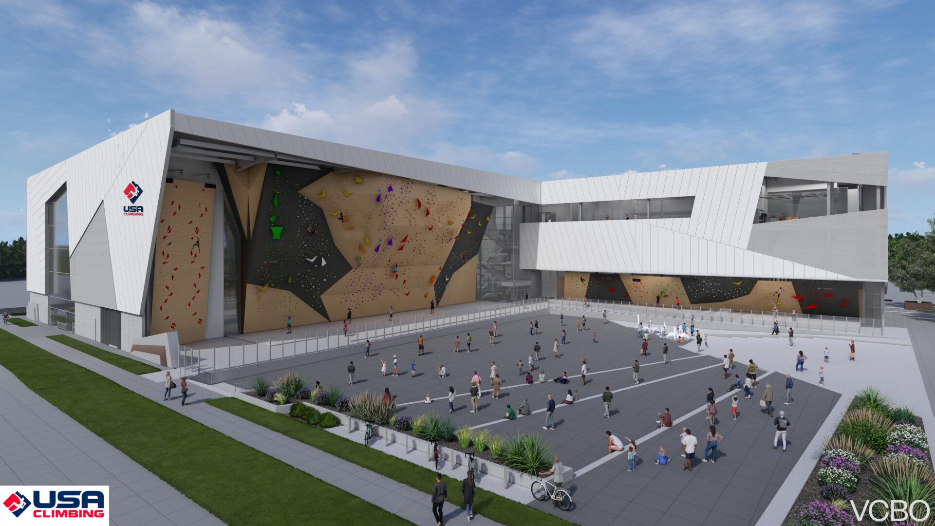Exterior rendering of the USA Climbing National Training Center with building signage